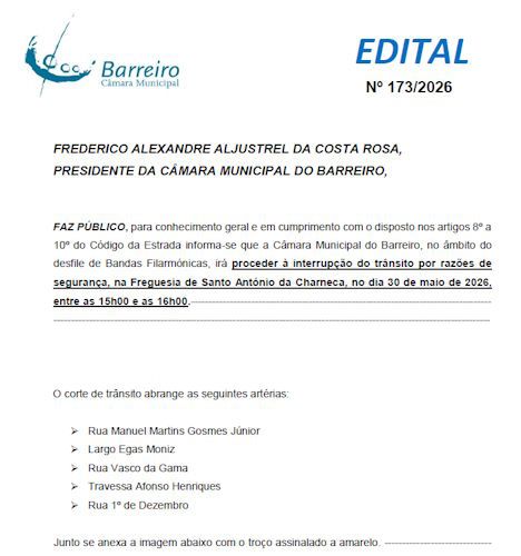 Edital N.º 173/2026 CM Barreiro