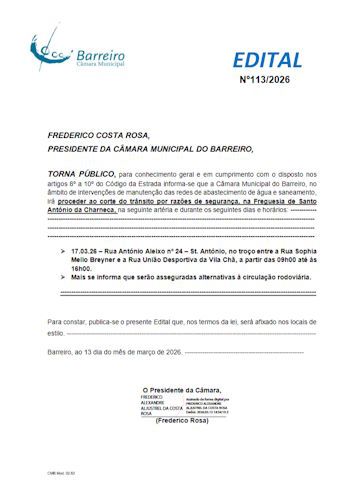 Edital N.º 113/2026 CM Barreiro
