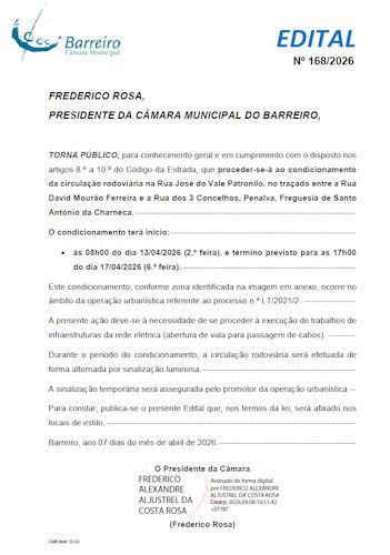 Edital N.º 168/2026 CM Barreiro